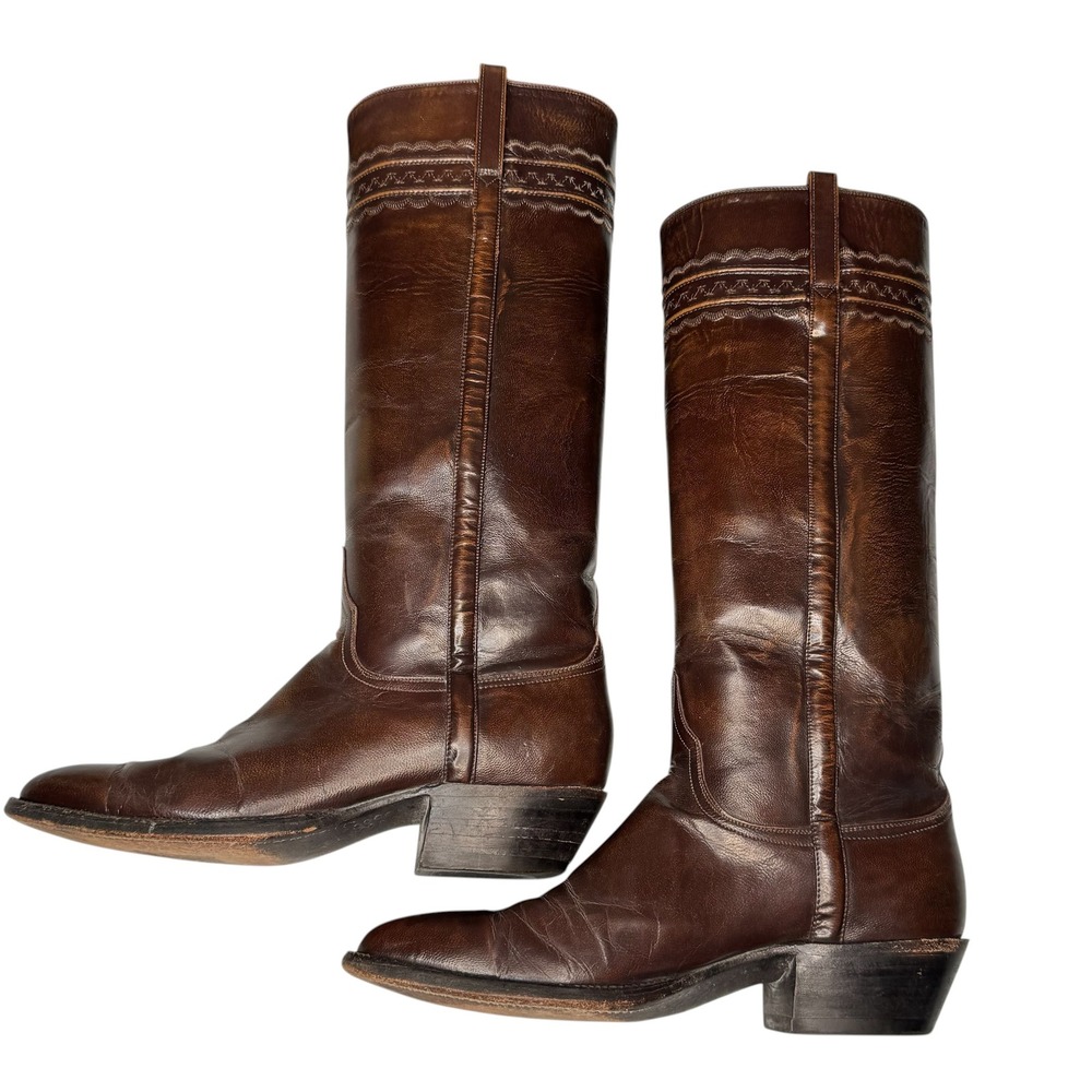 Lucchese Leather Tall Western Boots Size 9B Made in USA Vintage Riding Brown - Picture 6 of 15